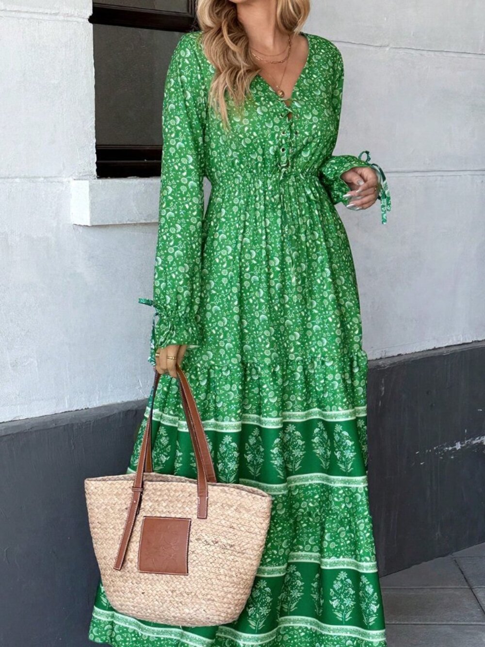 Green Boho Women's Floral Print Knot Front Flounce Sleeve Ruffle Hem Maxi Dress - Picture 5 of 5